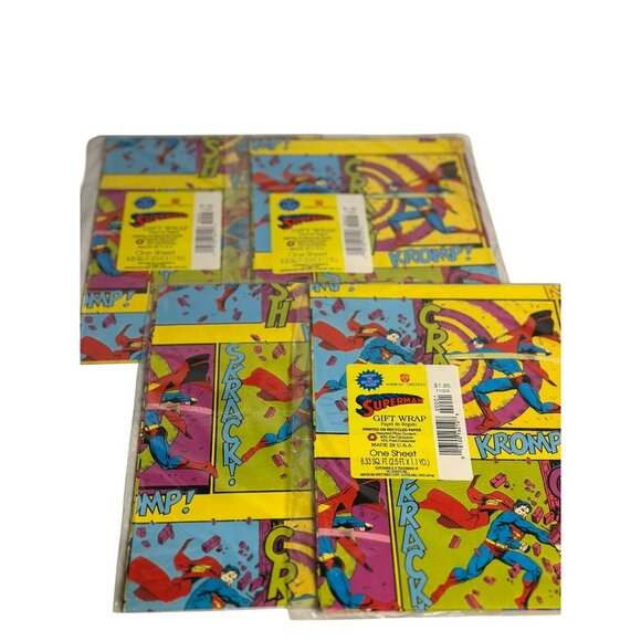 4 Sheets VTG American Greetings Superman Comic Wrapping Paper NOS Superhero - Picture 1 of 4